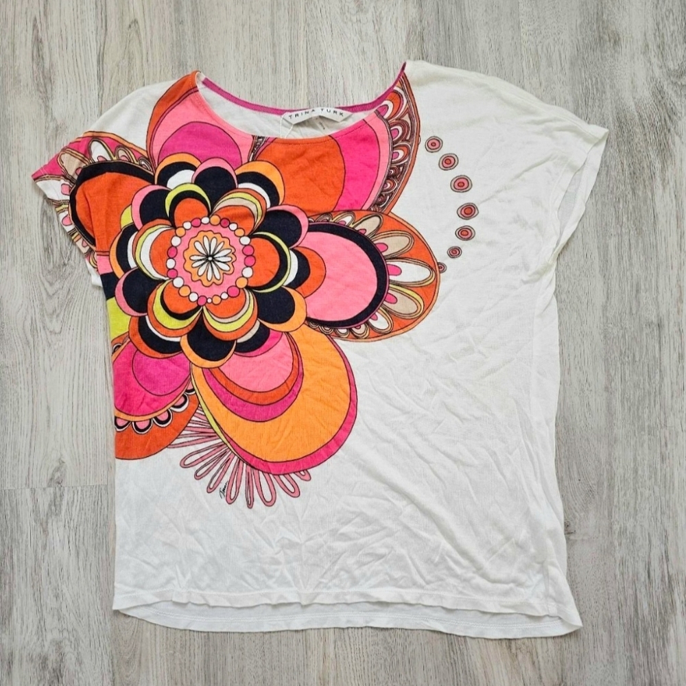 Trina Turk 100% Tencel Colorful Boho Flora Relaxed Fit Tee Shirt Small